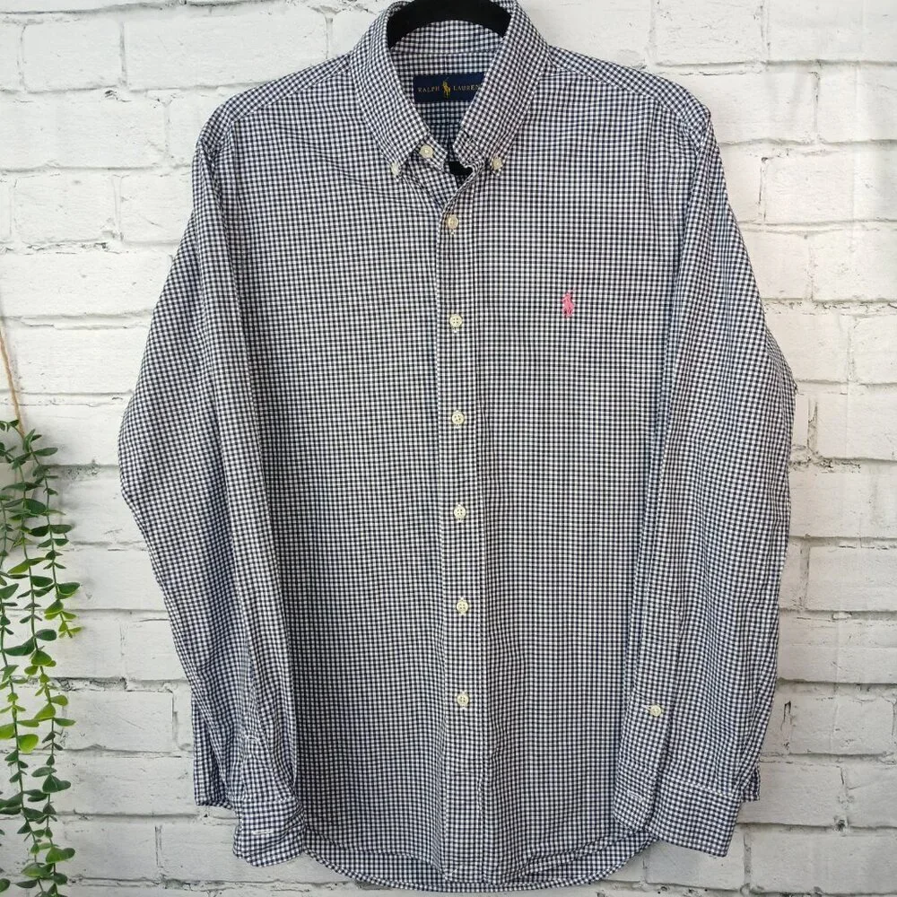 MENS RALPH LAUREN LONG SLEEVE BUTTON DOWN, NAVY AND WHITE CHECKED, SIZE MED - Picture 2 of 5